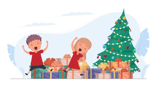 Heureux Les Enfants Avec Des Cadeaux Joyeux Enfants Coffrets Cadeaux — Image vectorielle