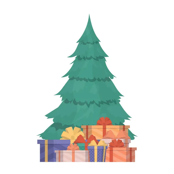 Banner Año Nuevo Con Árbol Navidad Regalos Árbol Verde Coníferas — Vector de stock