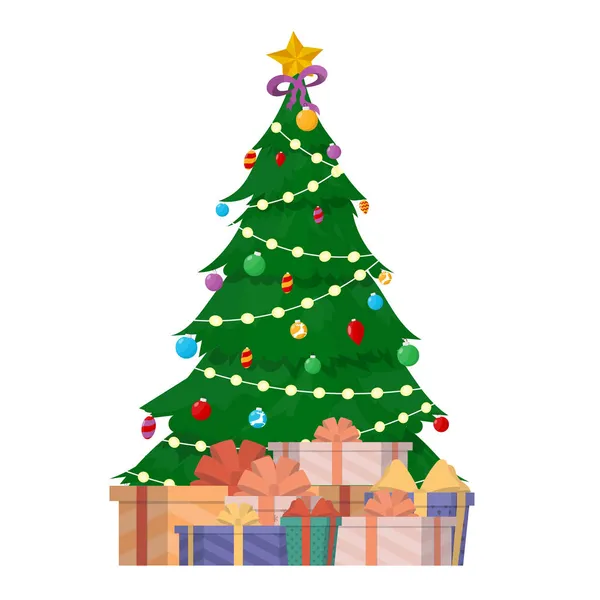 Новогоднее Знамя Елкой Подарками Зеленое Хвойное Дерево Подарки Деревом Вектор — стоковый вектор