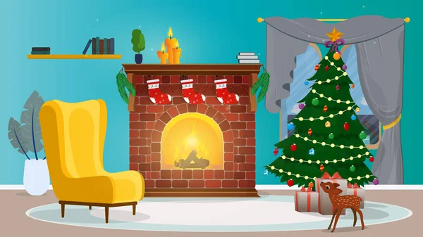 Neujahr Ein Zimmer Mit Kamin Weihnachtsbaum Und Geschenken Vektor — Stockvektor