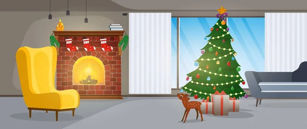 Nouvel Une Chambre Avec Cheminée Sapin Noël Des Cadeaux Vecteur — Image vectorielle