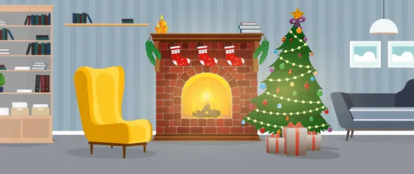 Nouvel Une Chambre Avec Cheminée Sapin Noël Des Cadeaux Vecteur — Image vectorielle