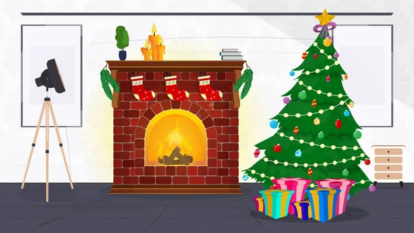 Новогодняя Комната Винтажном Стиле Рождественская Елка Подарки Камин Кресло Комната — стоковый вектор