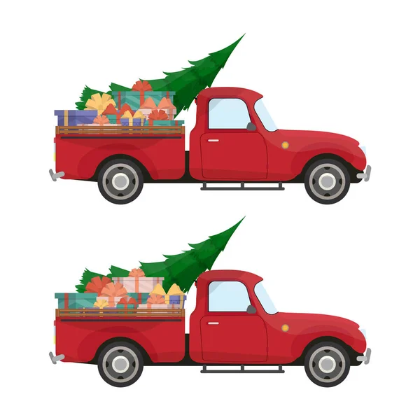 红色皮卡老式皮卡和圣诞树还有行李箱里的礼物复古圣诞车 — 图库矢量图片