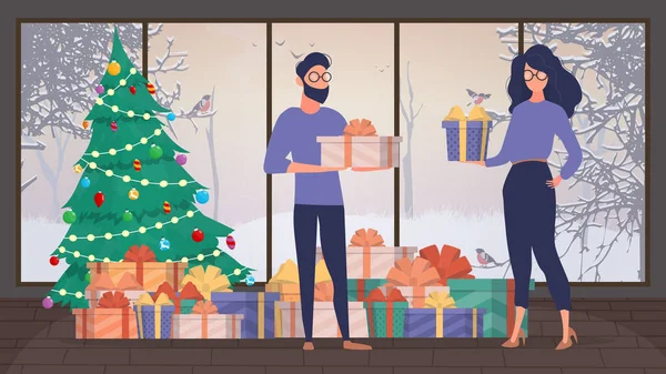 Girl Guy Holding Gifts Hands Woman Man Gifts Hands Holiday — Stock Vector
