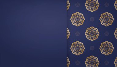 Antika altın süslemeleri ve logo veya metin için alanı olan koyu mavi bir pankart.