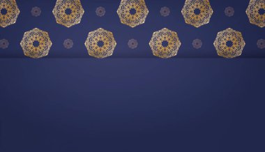 Lükslü altın süslemeleri ve logo veya metin için yeri olan koyu mavi bir pankart.
