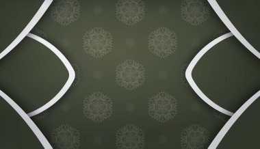 Beyaz mandala desenli koyu yeşil pankart ve logo veya metin için yer
