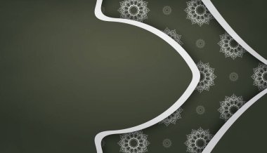 Beyaz mandala desenli koyu yeşil pankart şablonu ve logo veya metin için yer