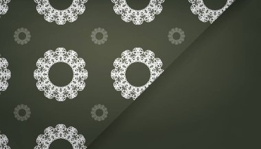 Koyu yeşil pankart, antika beyaz süsler ve logo için bir yer.