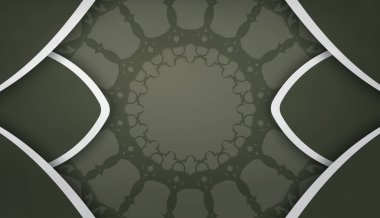 Koyu yeşil arkaplan, beyaz Hint desenli ve metnin altında