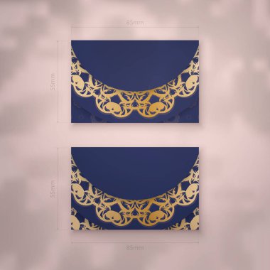 Koyu mavi renkli bir kartvizit şablonu ve markanız için mandala altın süsü..