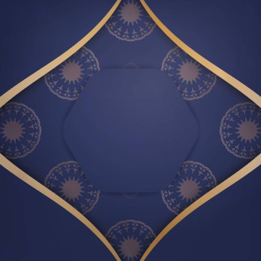 Koyu mavi bir kartvizit şablonu ve karakteriniz için soyut altın süsler..