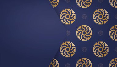 Soyut altın süslemeleri ve logo alanı olan koyu mavi arkaplan