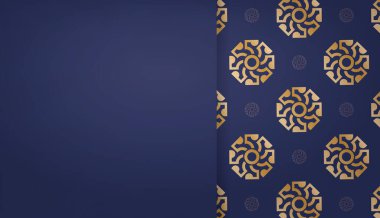 Koyu mavi arkaplan, soyut altın süslemeleri ve metnin altına yerleştirilmiş.