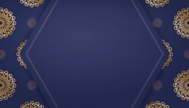 Antika altın süslemeleri ve logo veya metin için yeri olan koyu mavi arkaplan
