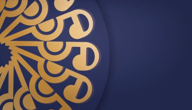 Koyu mavi arka plan, mandala altın desenli ve logonun altında