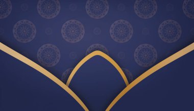 Koyu mavi pankart, altın desenli mandala ve logo ya da metin için bir yer.