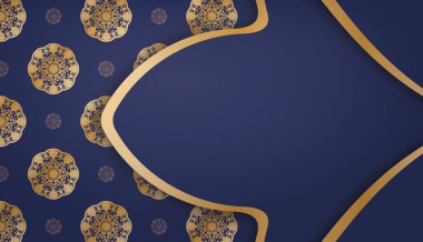 Üzerinde altın desenli ve logosu olan lacivert bir pankart.