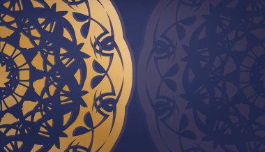 Soyut altın süslemesi ve logo veya metin için yeri olan koyu mavi bir pankart.