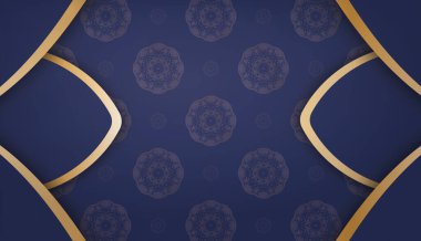 Soyut altın süslemeleri ve logonuz için bir yeri olan koyu mavi bir pankart.