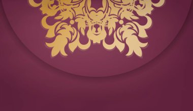 Altın mandala desenli Burgonya bayrağı ve logonuz veya mesajınız için bir yer