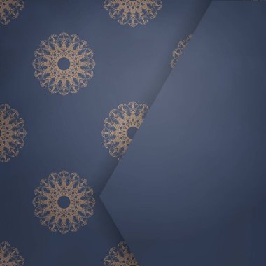 Tasarımınız için soyut kahverengi süslemeli mavi renkli tebrik broşürü.