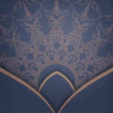 Mavi renkli tebrik broşürü ve tipografi için hazırlanmış kahverengi desenli bir mandala..