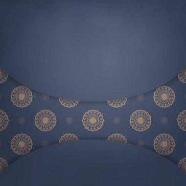 Soyut kahverengi süslemeleri tipografi için hazırlanmış mavi broşürlü selamlama broşürü.