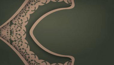 Kahverengi mandala desenli yeşil pankart şablonu ve logo alanı