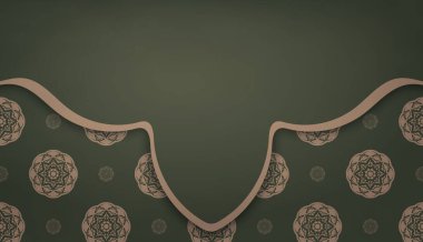 Klasik kahverengi süslemeli yeşil pankart ve logonuz için bir yer.