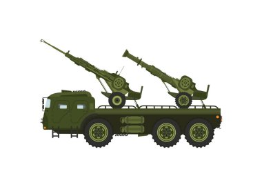 Bir askeri traktör bir tank taşıyor. Askeri teçhizat taşımacılığı. Vektör illüstrasyonu