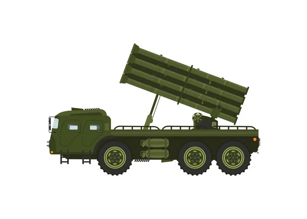 複数のロケットランチャー インターコンチネンタル弾道ロケットフラットベクトルイラスト付き軍用トラック — ストックベクタ
