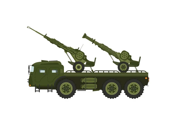 軍用トラクター車が戦車を輸送する 軍事機器の輸送 ベクターイラスト — ストックベクタ