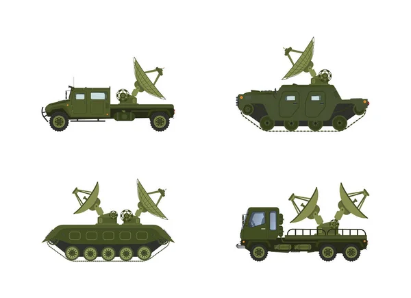 Radar Silahları Ayarlayın Yayın Uydu Iletişimi Antenler Alıcılar Merkezle Iletişim — Stok Vektör