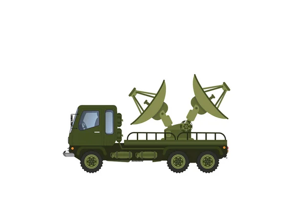 軍用トラックだ アンテナ付きの陸軍輸送 保護緑の色の近代的な家電製品 レーダーと検出システム スキャンと認識 漫画イラスト — ストックベクタ