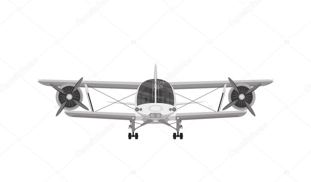 Biplane. Retro airplane illustration. Vintage plane front view. Isolated vector illustration. Plane icon.