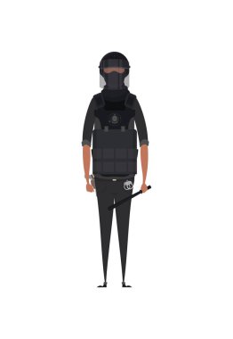 Özel Kuvvetler Özel Harekat Birimi, Özel Taktik Ekibi 'nin adamı, Askeri Savaş üniforması giymiş ve otomatik silah taşıyor. Çizgi film tarzı. Vektör illüstrasyonu