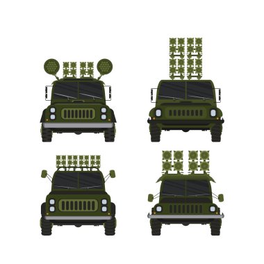 Araba ön görüntüsünü ayarla. Renkli arkaplanda izole edilmiş off-road aracı