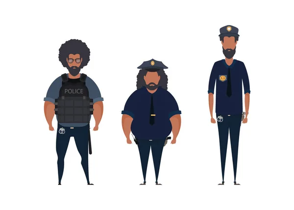 Set Polizeibeamte Uniform Stehen Vor Der Ansicht Berufsbezogener Begriff Job — Stockvektor