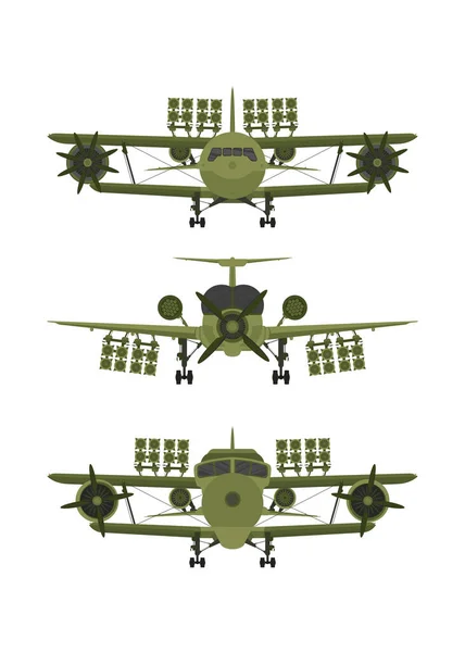 Definir Vista Frontal Avião Militar Lutador Verde Com Lançadores Foguetes — Vetor de Stock