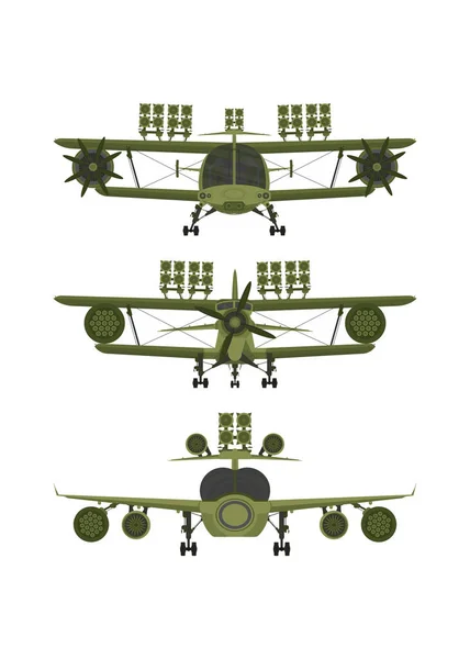 Zet Militair Vliegtuig Vooraanzicht Groene Vechter Met Raketwerpers — Stockvector