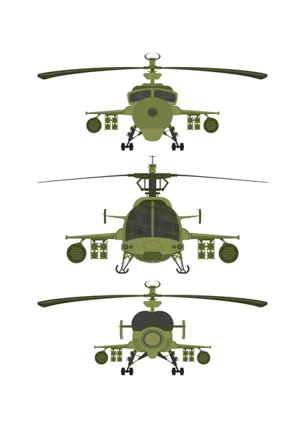 白い隔離された背景にヘリコプターの軍用2Dイラストを設定します — ストックベクタ