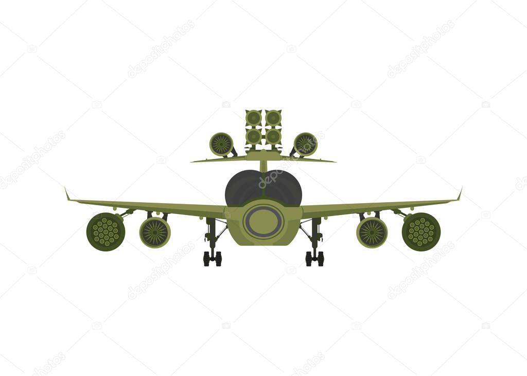 Military plane front view. Green fighter with rocket launchers.