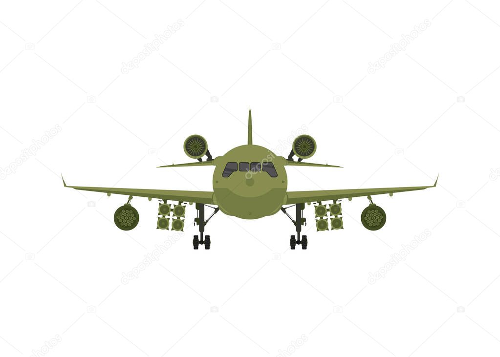 Military plane front view. Green fighter with rocket launchers.