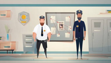 Polis karakolunda ya da polis karakolunda ya da polis merkezinde, soruşturma odasının içinde, karikatür vektör illüstrasyonu.