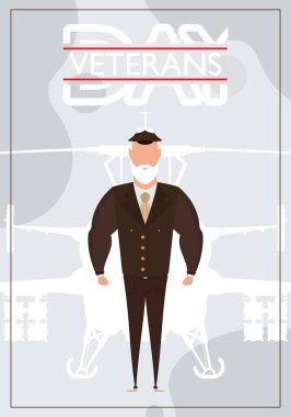 Gaziler Günü kartpostalı. Kahverengi askeri üniformalı bir gazi. Vektör çizimi. Çizgi film biçimi