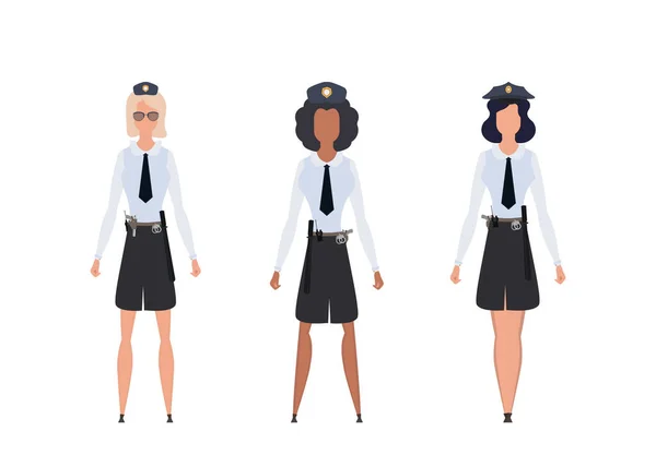 Set Chicas Guapas Oficial Policía Uniforme Ilustración Vectorial Aislado Sobre — Vector de stock