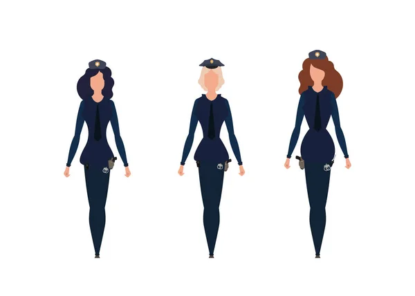 Nasaďte Policejní Důstojnici Pretty Girls Uniformě Vektorová Ilustrace Izolované Přes — Stockový vektor