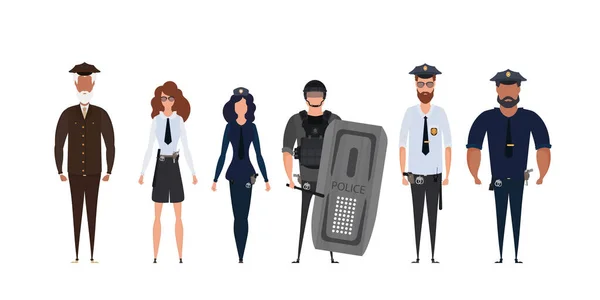Grupo Policías Policía Policía Oficial Seguridad Uniforme Ilustración Mujer Hombre — Vector de stock